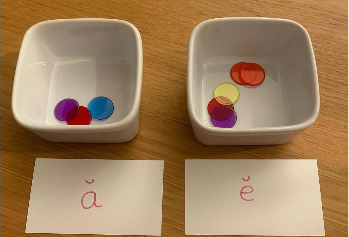 Sorting bowls and learning materials laid out for a young child